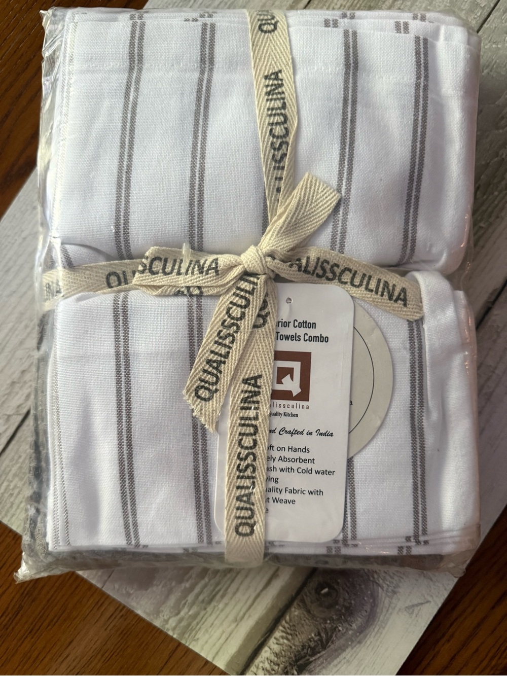Classic White Kitchen Towels with Gray Stripes by - 2 Pack